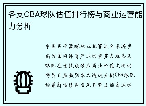 各支CBA球队估值排行榜与商业运营能力分析