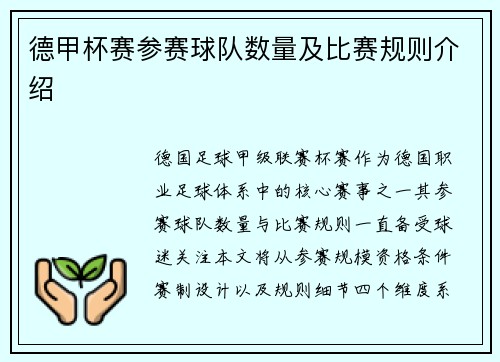德甲杯赛参赛球队数量及比赛规则介绍