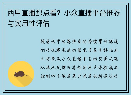 西甲直播那点看？小众直播平台推荐与实用性评估